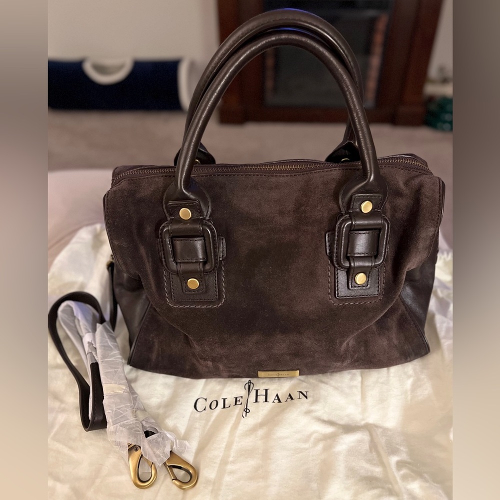 Authentic Cole Haan suede/leather duffle bag w/ removable strap.